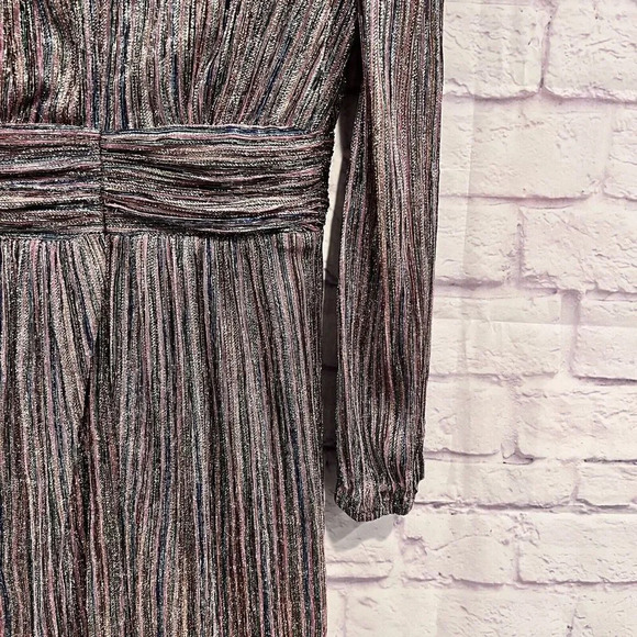 Julia Jordan Multi Colored Shimmery Stripe Metallic Long Sleeve Faux Wrap Dress - Picture 10 of 15